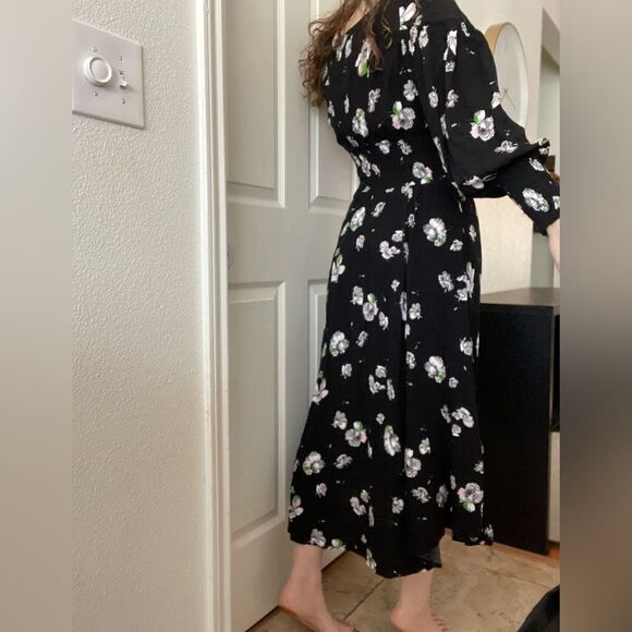 Free People So Sweet Midi Dress Size Medium Black Floral Long Sleeve - Picture 6 of 6
